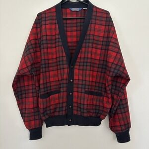 Vintage Pendleton Cardigan Jacket Mens XL Red Black Plaid Wool USA 80s Western